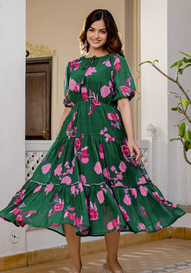 Women Floral Print Tie Up Neck Puff Sleeves Fit & Flare Dress