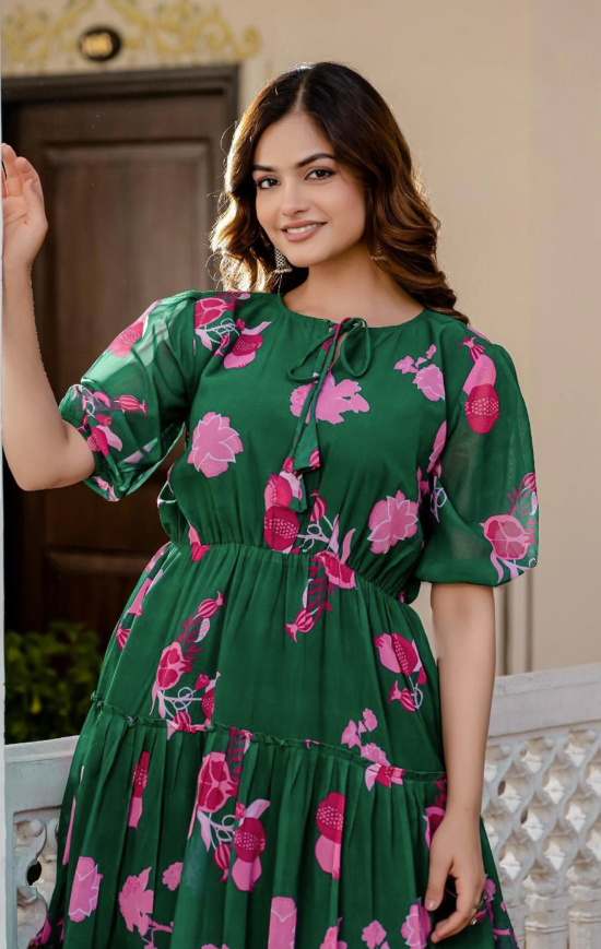 Women Floral Print Tie Up Neck Puff Sleeves Fit & Flare Dress