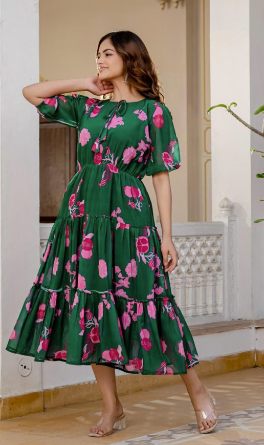 Women Floral Print Tie Up Neck Puff Sleeves Fit & Flare Dress