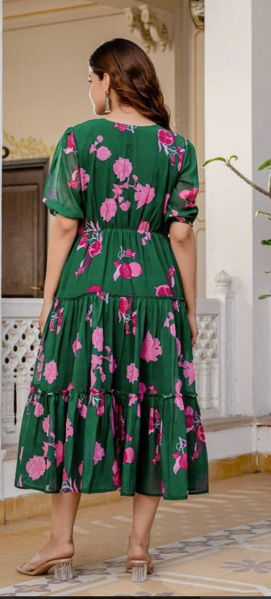 Women Floral Print Tie Up Neck Puff Sleeves Fit & Flare Dress