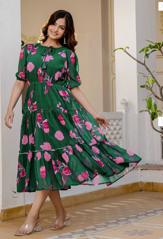 Women Floral Print Tie Up Neck Puff Sleeves Fit & Flare Dress