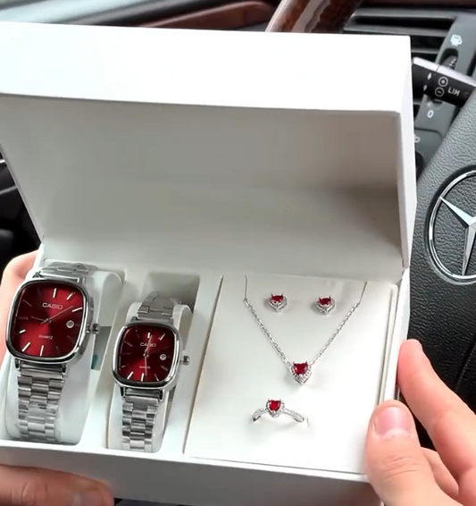 Crimson Elegance – Silver Couple Watch Set