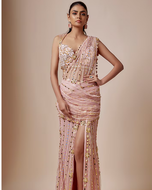 Rose Quartz Pink Tulle Sequins Embellished Pre-Stitched Saree Set