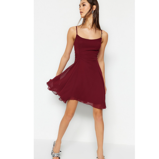 Shoulder Straps Sleeveless Gathered Fit & Flare Dress