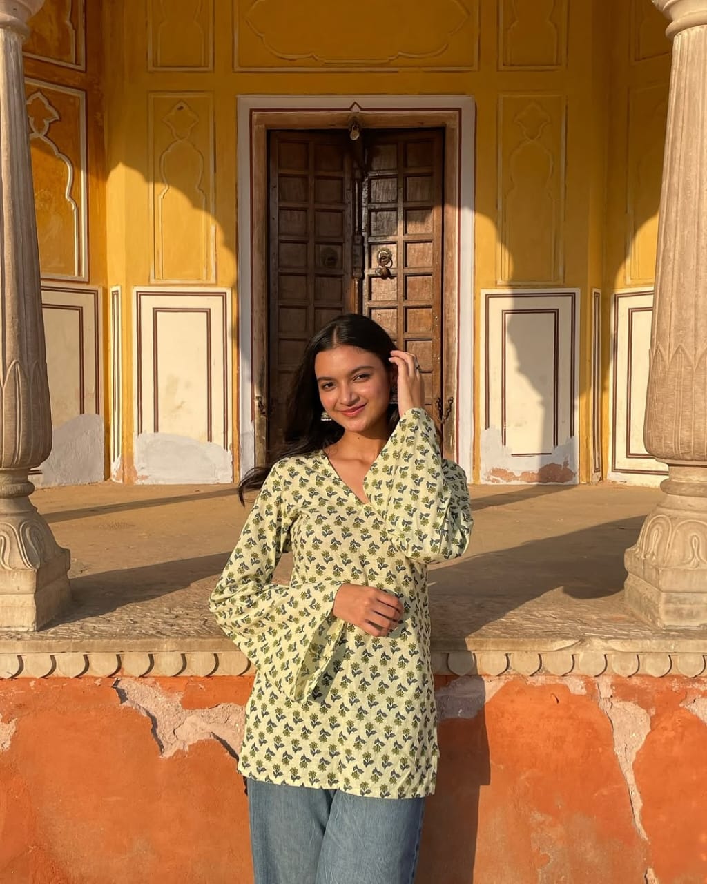 Long Sleeve yellow V Neck Short Kurti