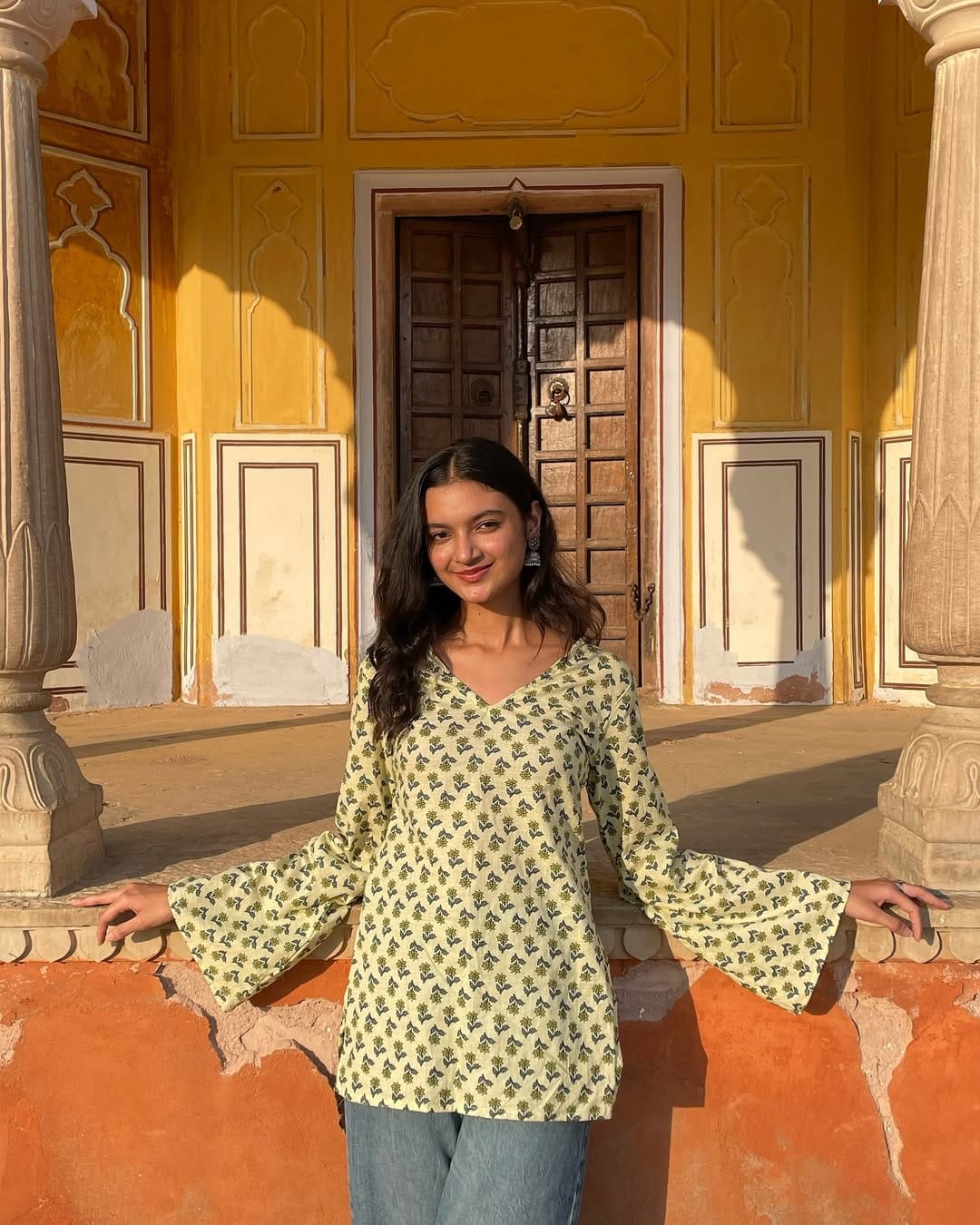 Long Sleeve yellow V Neck Short Kurti
