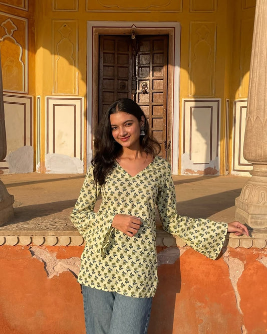 Long Sleeve yellow V Neck Short Kurti