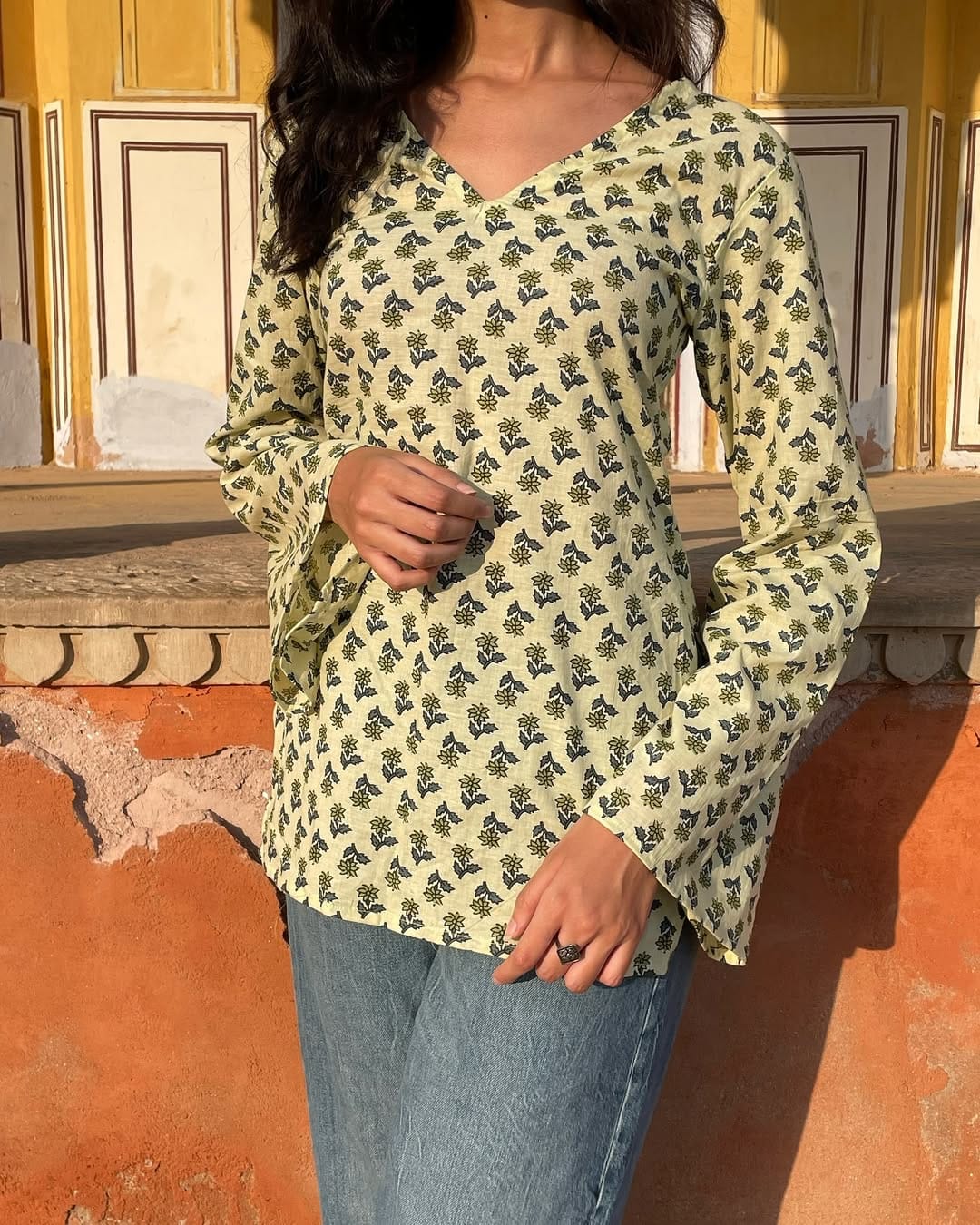 Long Sleeve yellow V Neck Short Kurti