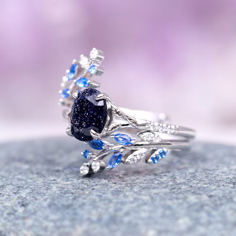 Starry Night & Sapphire Leaf Engagement Ring