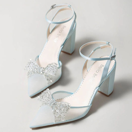 Blue Crystal Block Heels with Removable Ankle Strap