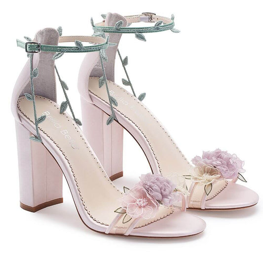 Blush Block Heels with 3D Flowers