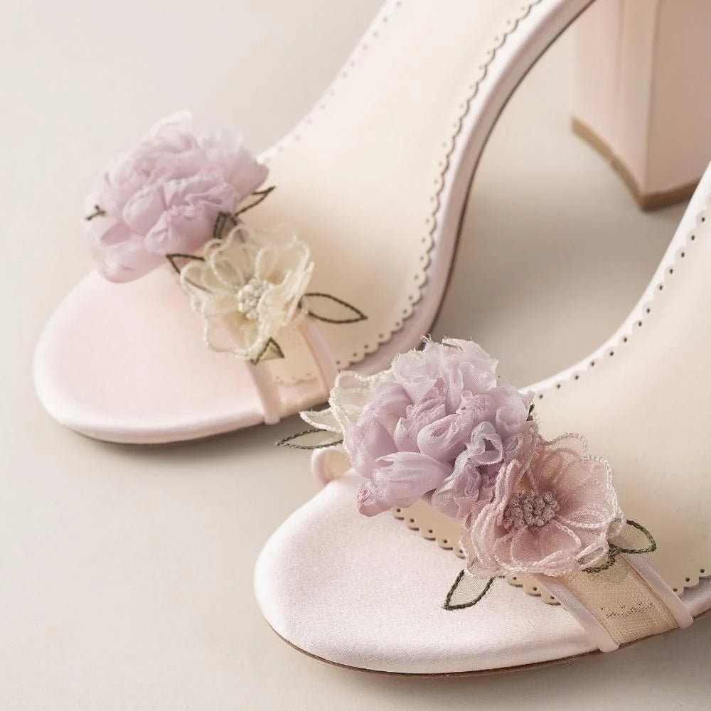 Blush Block Heels with 3D Flowers