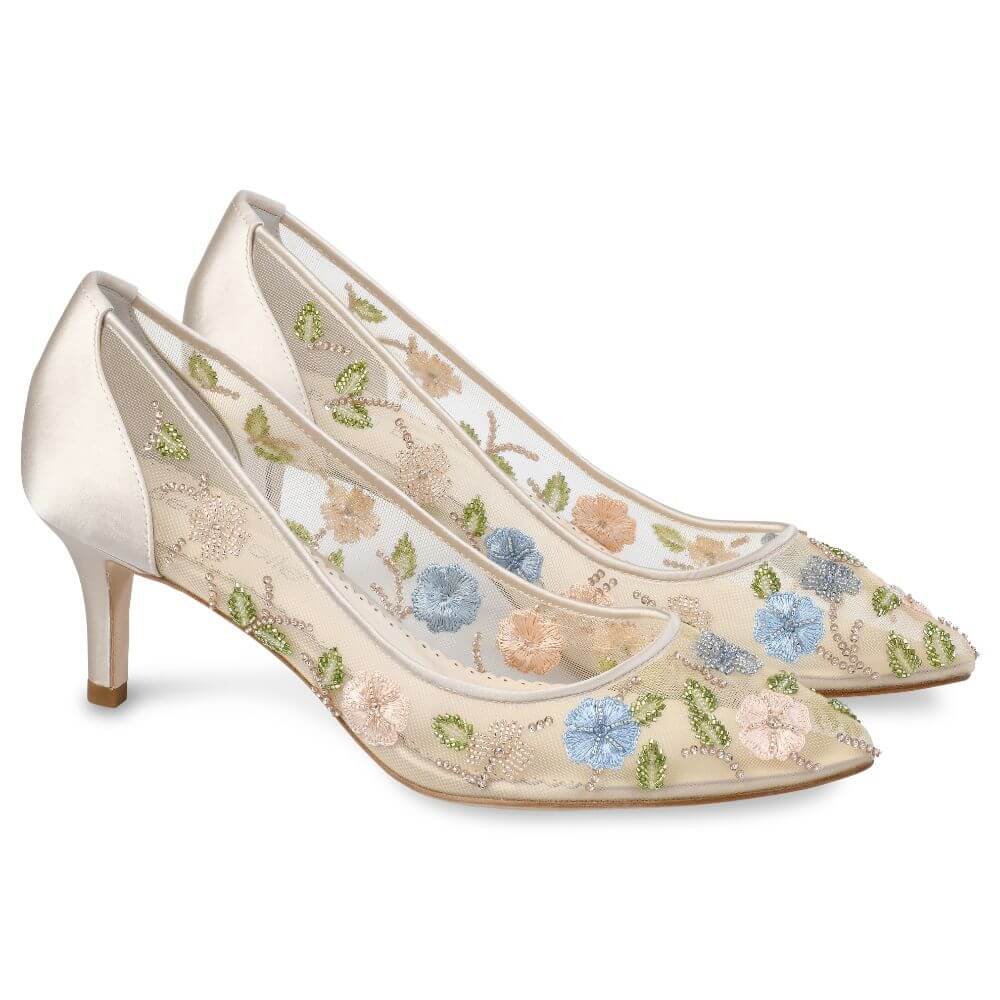 Embroidered Floral Kitten Heels
