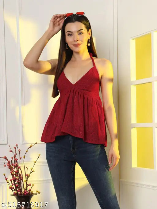 Maroon Aura: Chikankari Halter Top