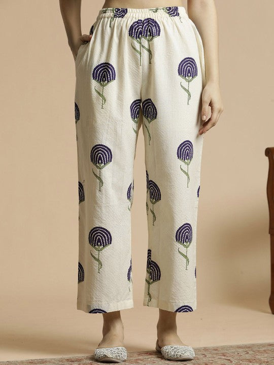 Anouk Floral Printed Bell Sleeves Thread Work Pure Cotton A-Line Kurta With Palazzos