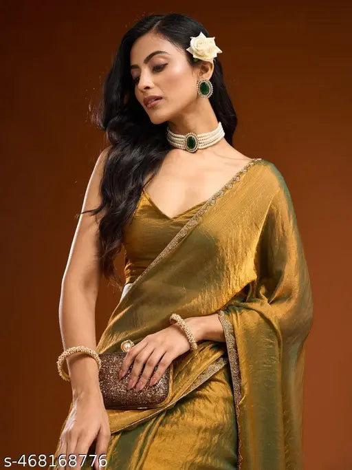 Solid Beads and Stones Saree With Fancy Blouse