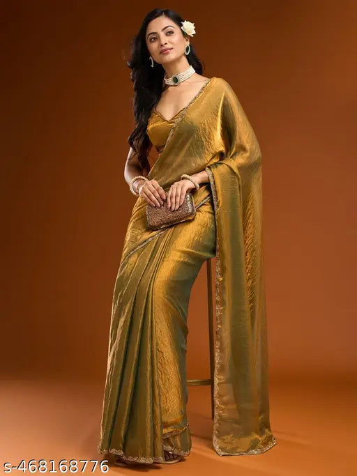 Solid Beads and Stones Saree With Fancy Blouse