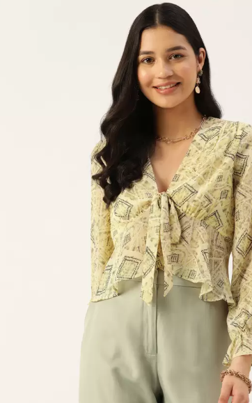 Casual Puff Sleeves Printed Women Yellow Top