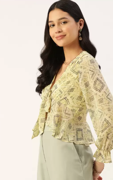 Casual Puff Sleeves Printed Women Yellow Top