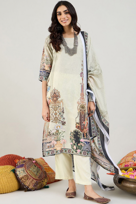 Green Floral Printed Straight Kurta with Trousers & Dupatta