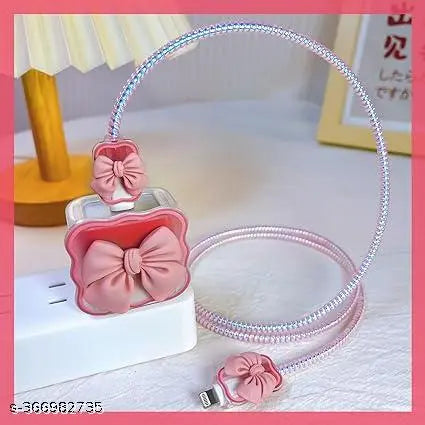 Combo Of Pink Floral Bow Tie Frame IPhone Cover With Charger Protector