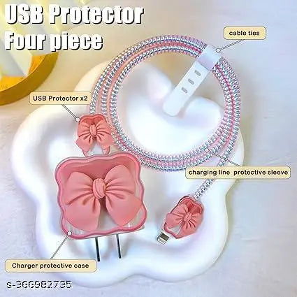Combo Of Pink Floral Bow Tie Frame IPhone Cover With Charger Protector