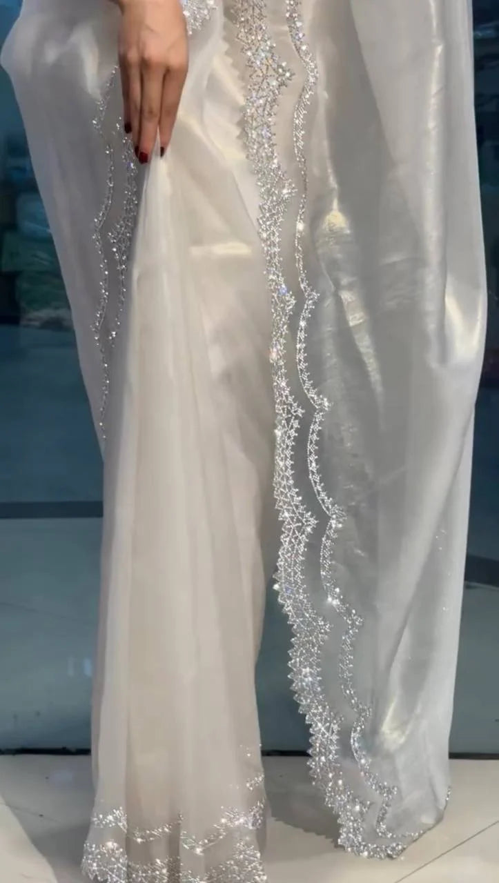 Beautiful Off White Jimmi Chu Silk Sequence Work Saree