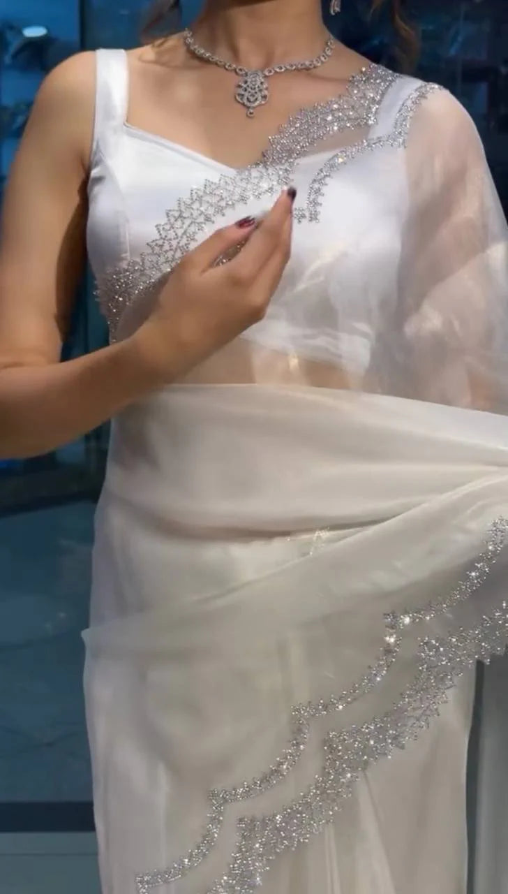 Beautiful Off White Jimmi Chu Silk Sequence Work Saree