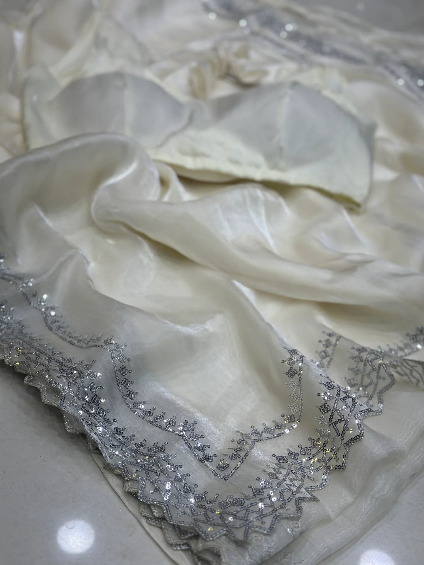 Beautiful Off White Jimmi Chu Silk Sequence Work Saree