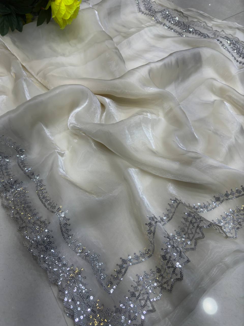 Beautiful Off White Jimmi Chu Silk Sequence Work Saree