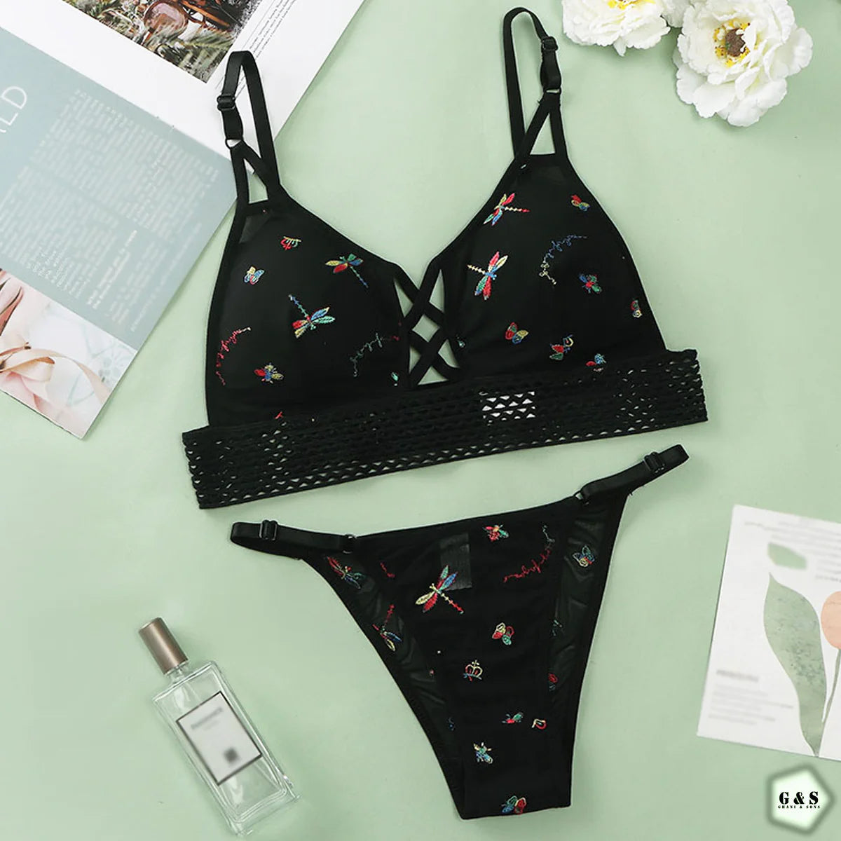(Pack Of 5) Embroidered Design Net Bralette With T-Panty Sets