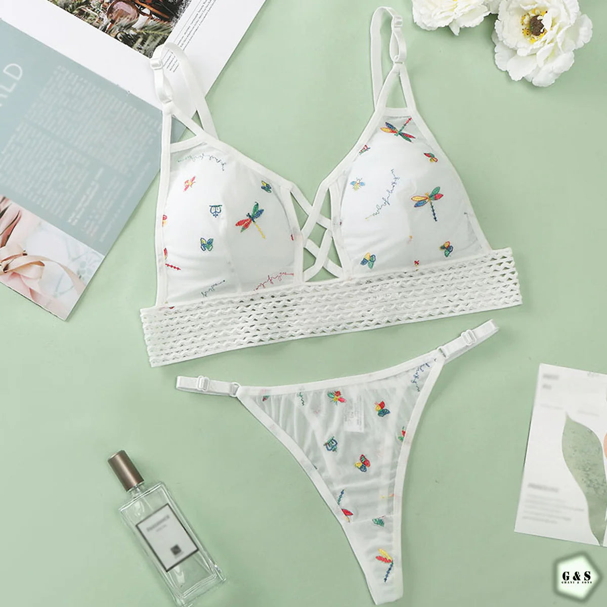 (Pack Of 5) Embroidered Design Net Bralette With T-Panty Sets