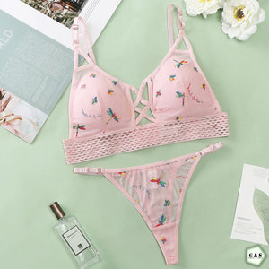 (Pack Of 5) Embroidered Design Net Bralette With T-Panty Sets